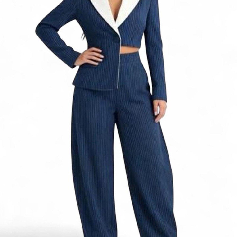 Women's Pinstripe Two Piece Suit with White Lapel High Low Asymmetrical Suit
